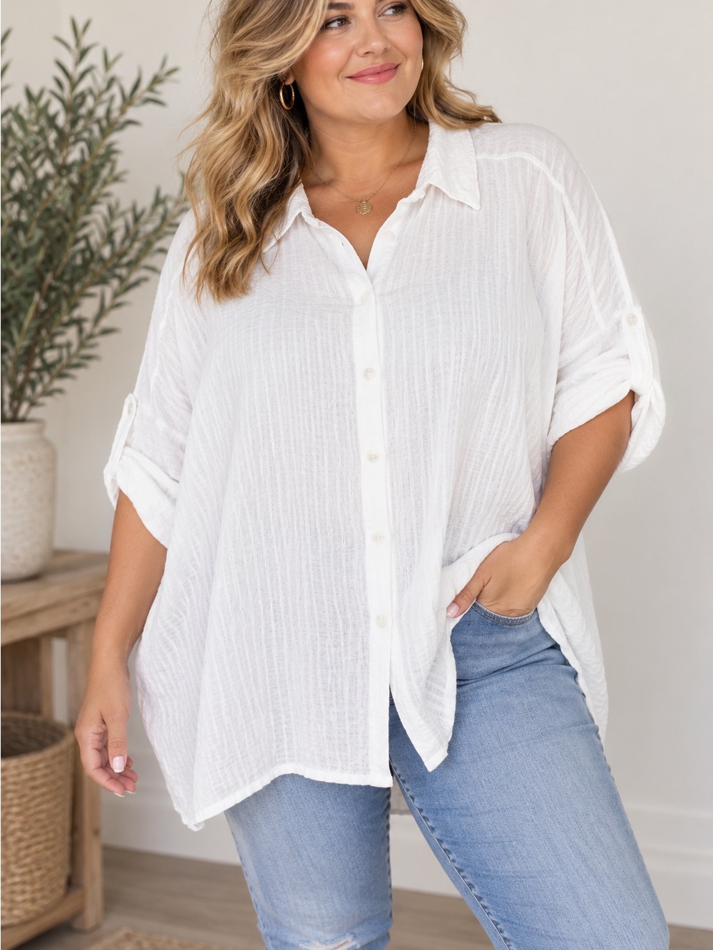 NWT Jane + Delancey White Oversized Button Down Tunic Blouse Plus 3X